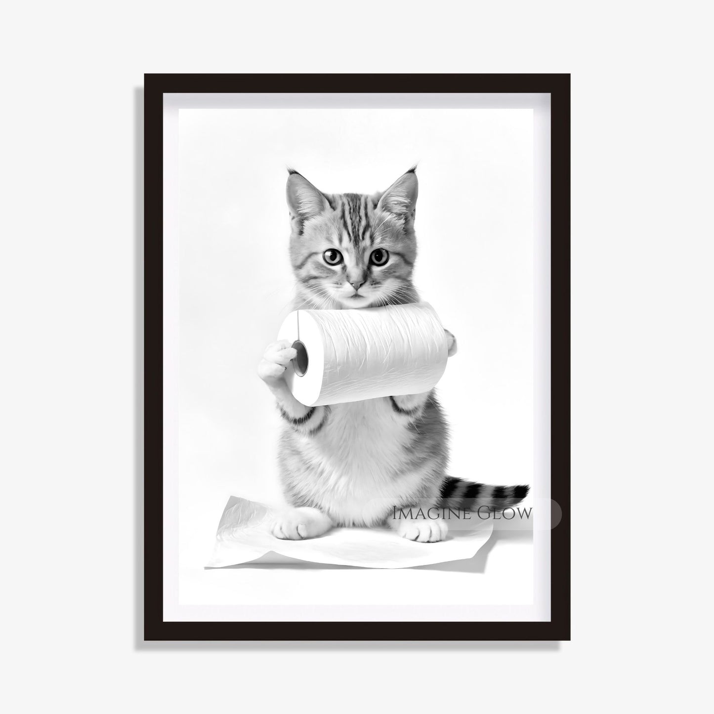 Black and white cat holding toilet paper print