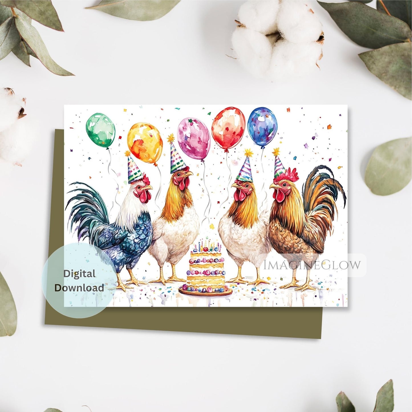 Digital printable chicken birthday card
Farm animal birthday greeting card chicken