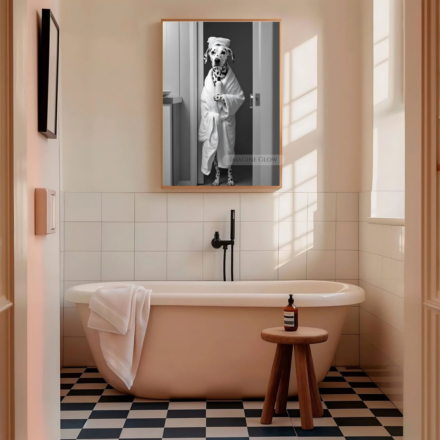 Quirky Dalmatian bathroom print featuring a dog in a robe