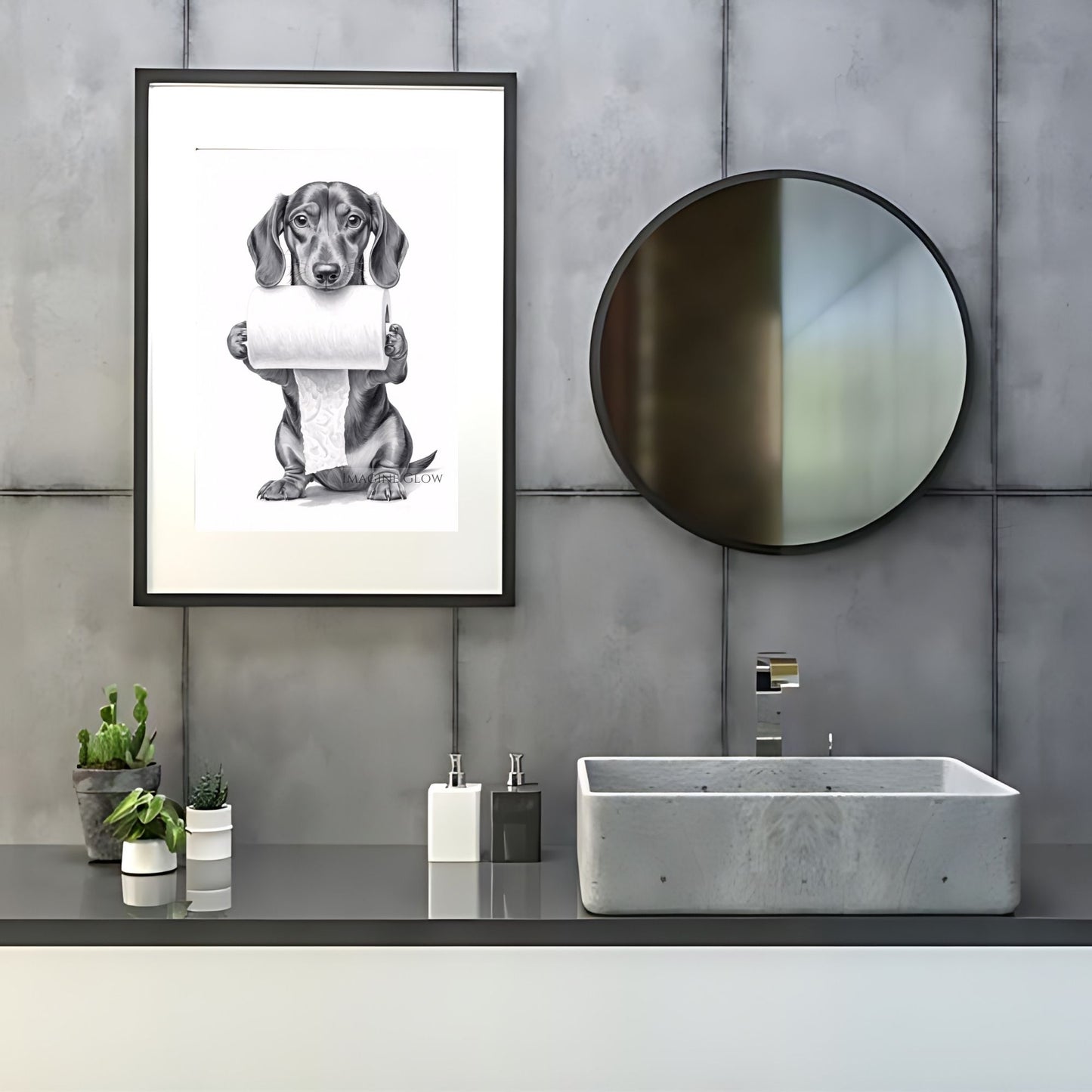 Dachshund bathroom artwork for dog lovers and quirky spaces.
