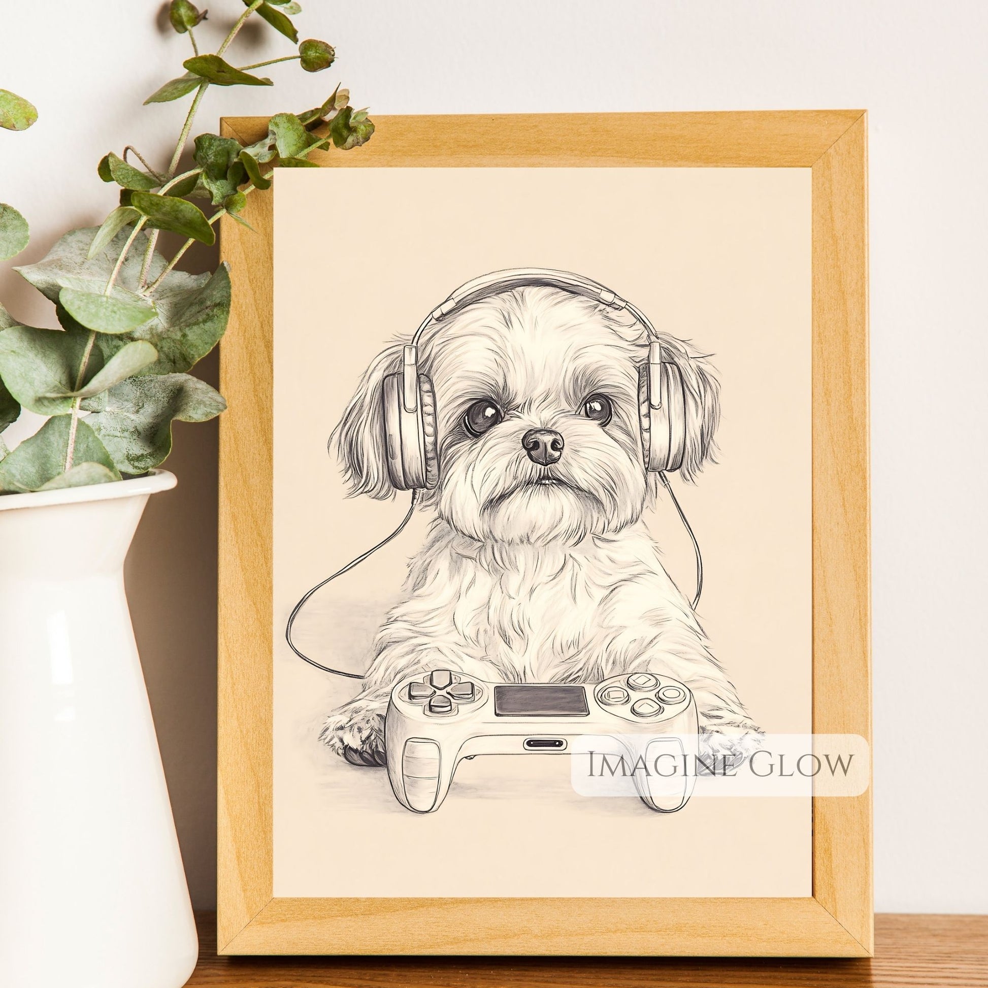 Digital art of a gaming dog for game room decor