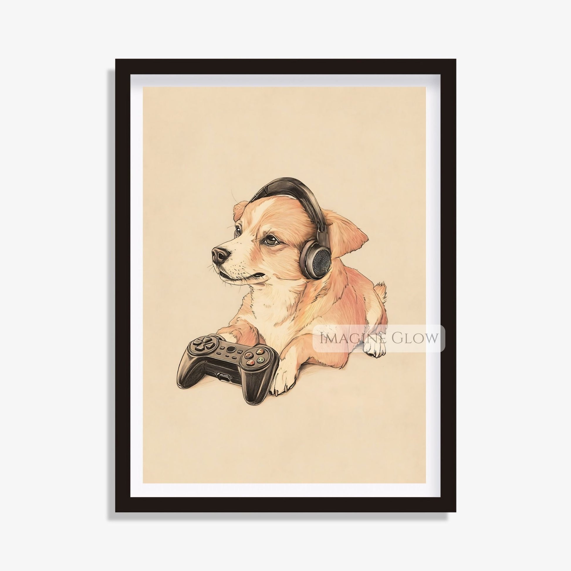 Cute dog playing video games wall art