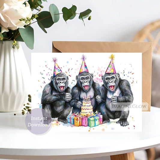 Birthday card with three monkeys wearing party hats around a cake and presents