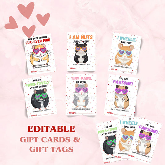 Cute hamster-themed classroom Valentine gift tags