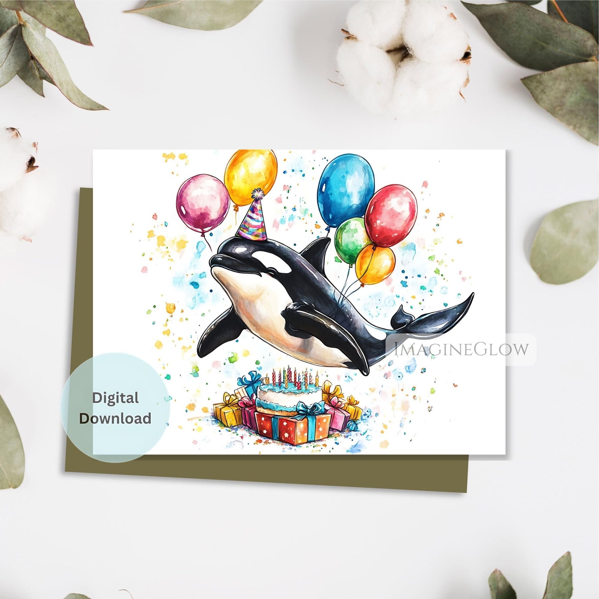 Birthday card with an orca whale holding balloons on a white background