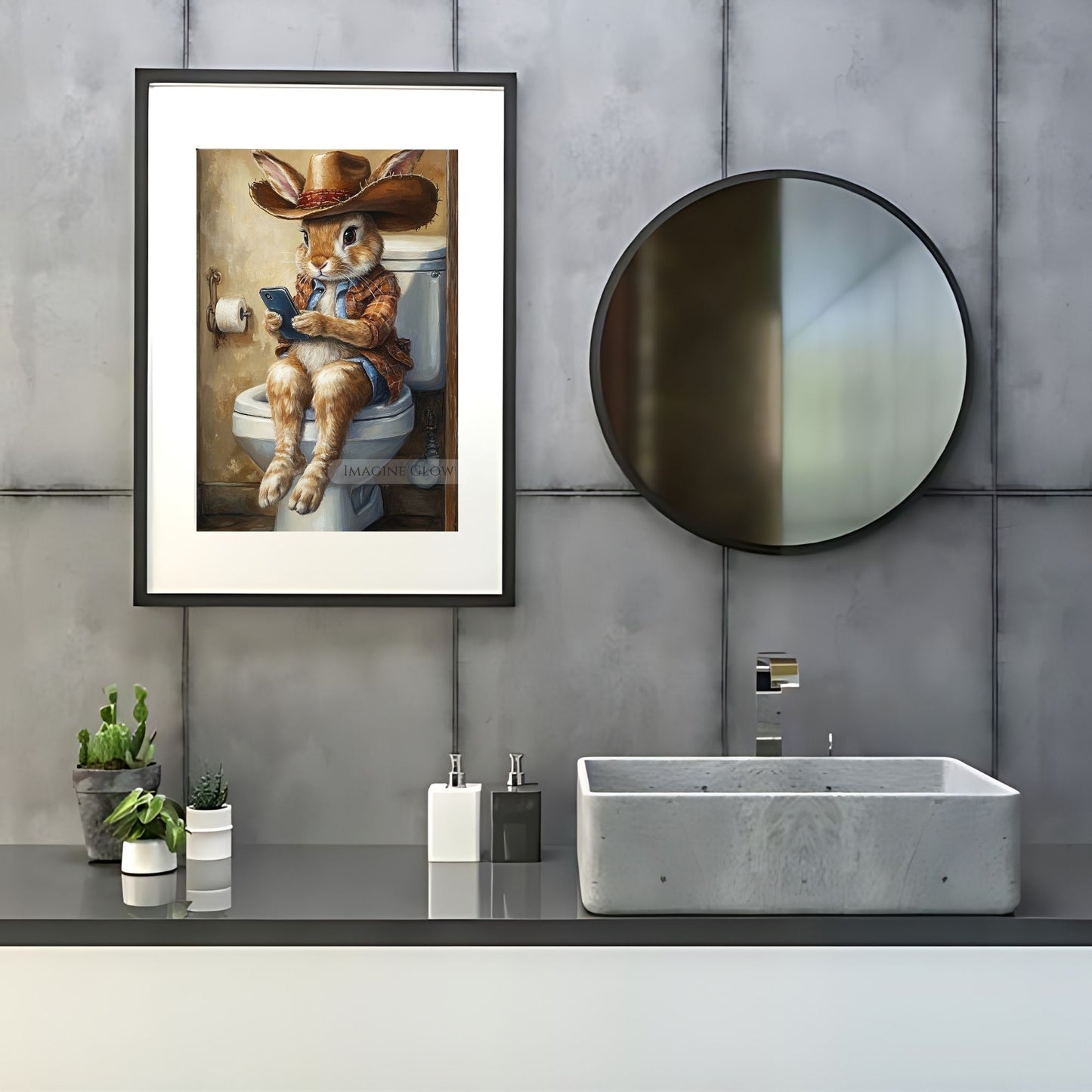 Cowgirl-themed rabbit bathroom humor art print.