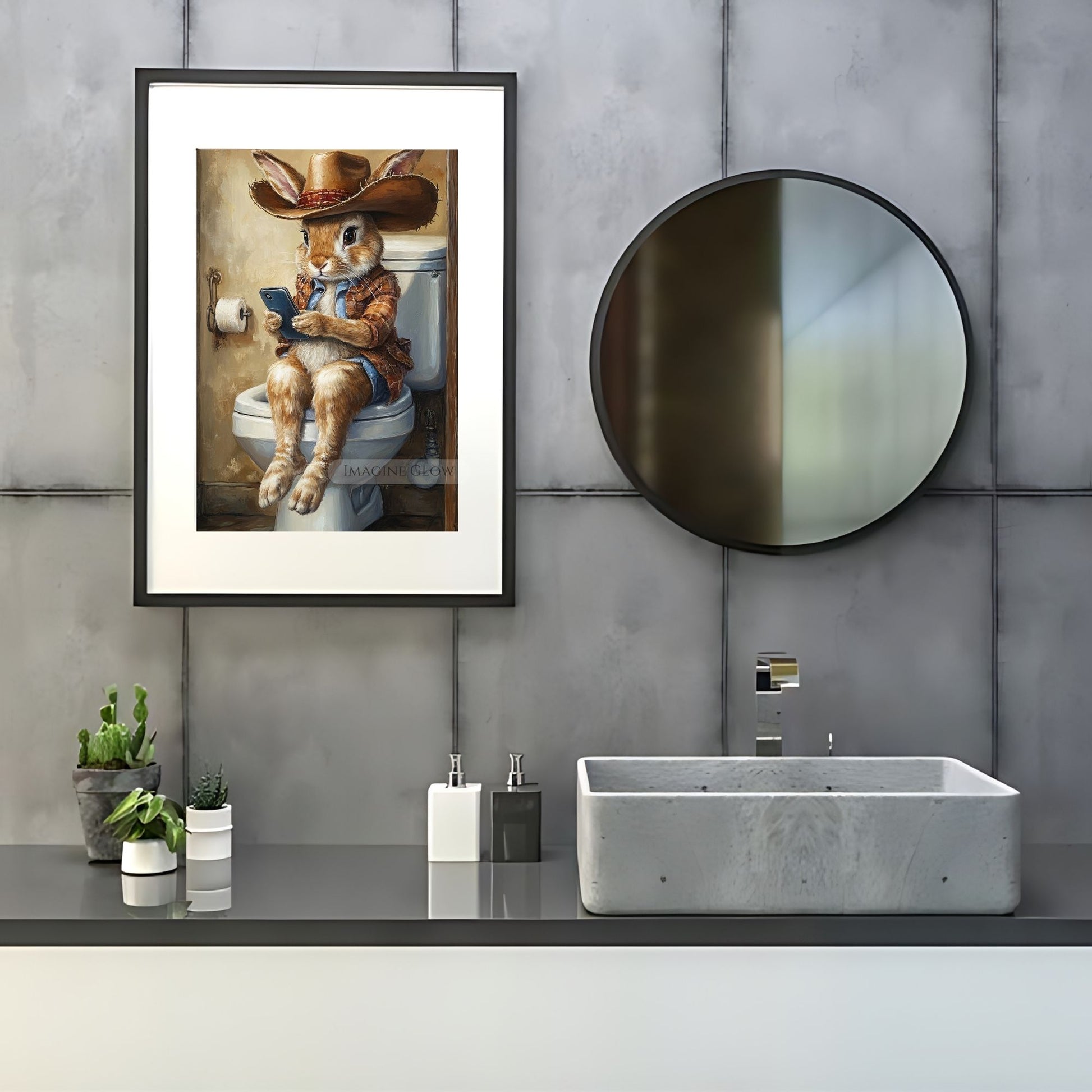 Cowgirl-themed rabbit bathroom humor art print.