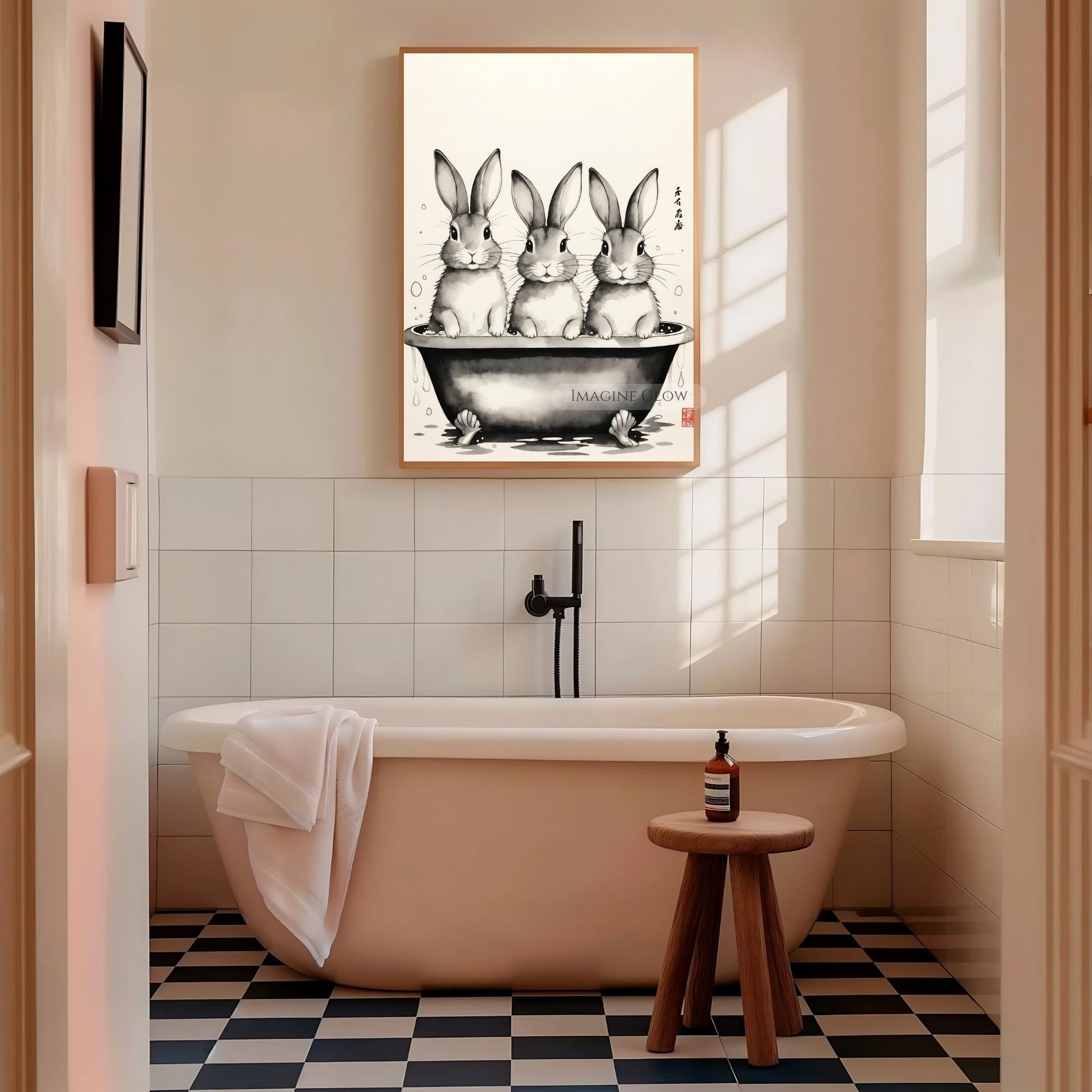 Vintage rabbit bathroom illustration
Adorable three bunnies taking a bath print