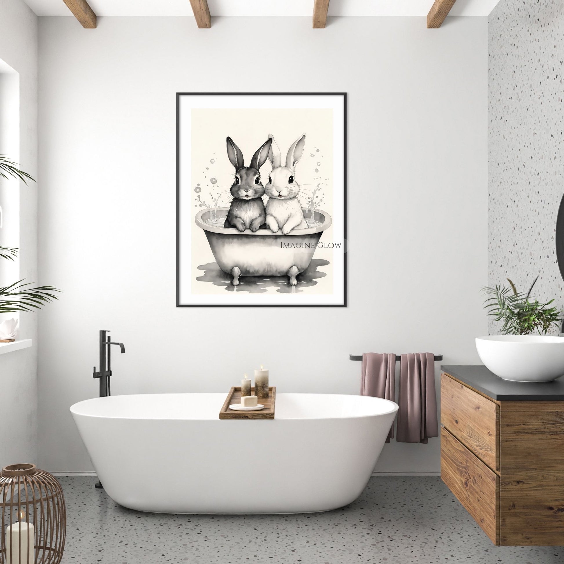 Vintage rabbit bathroom illustration in black and white