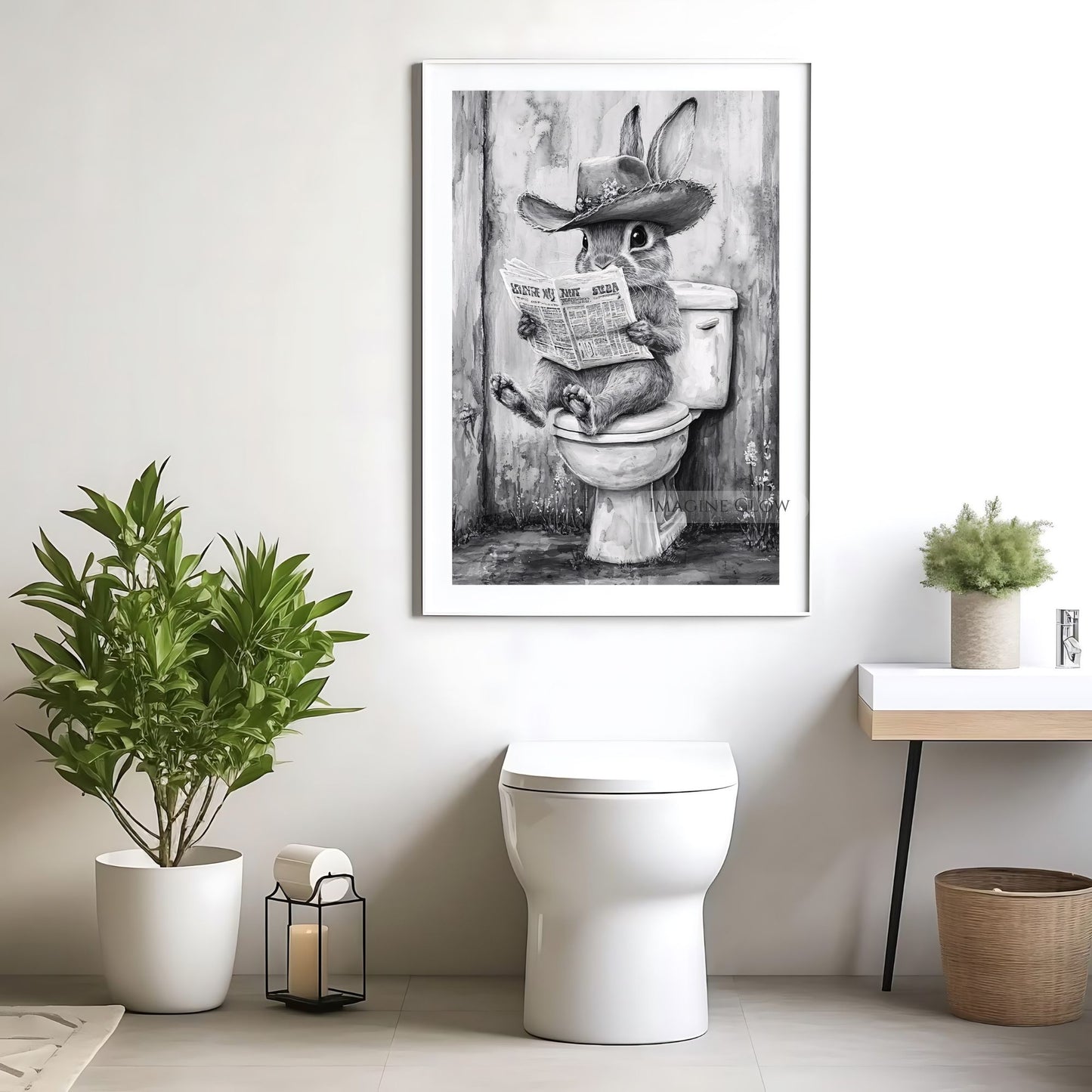 Digital art of a rabbit reading a newspaper on the toilet.