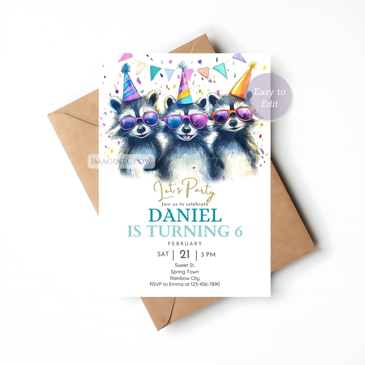 Three raccoons with sunglasses birthday invite