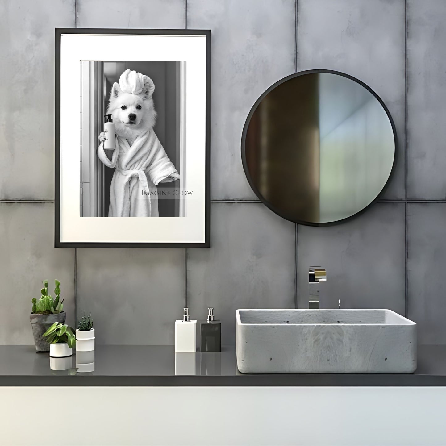 Humorous Samoyed bathroom wall art for dog lovers