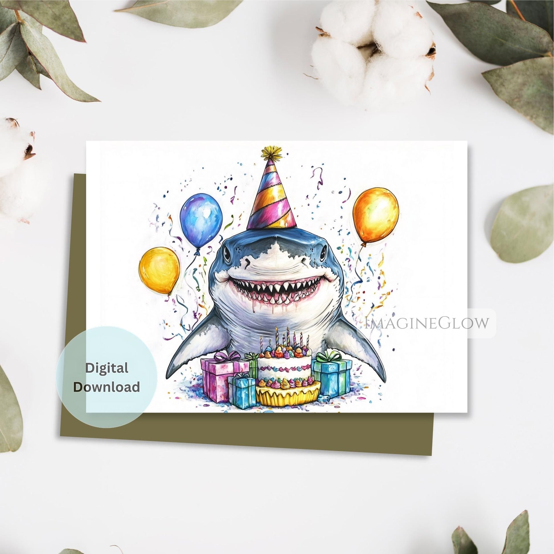 Birthday card with a shark wearing a party hat and balloons on a white background.
