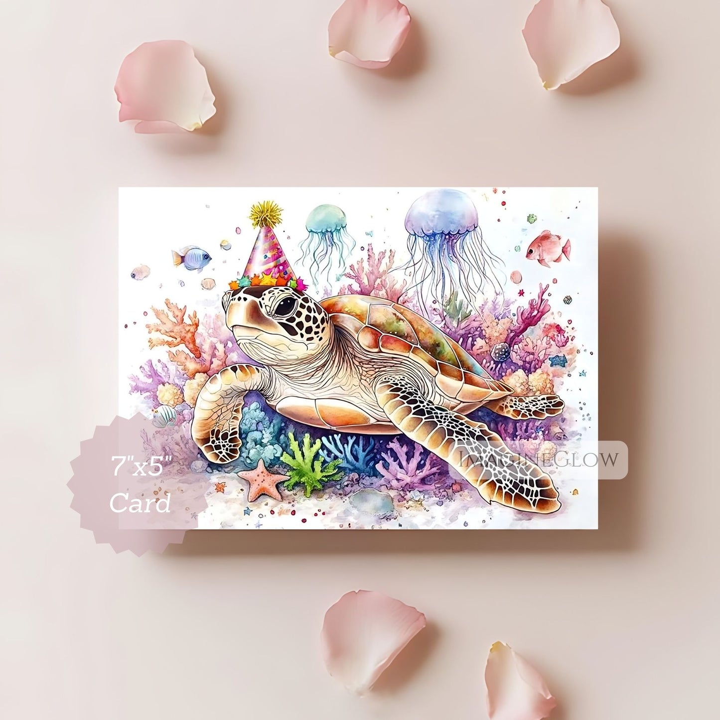 Colorful card with a turtle wearing a party hat surrounded by jellyfish, fish, and coral on a pink background.