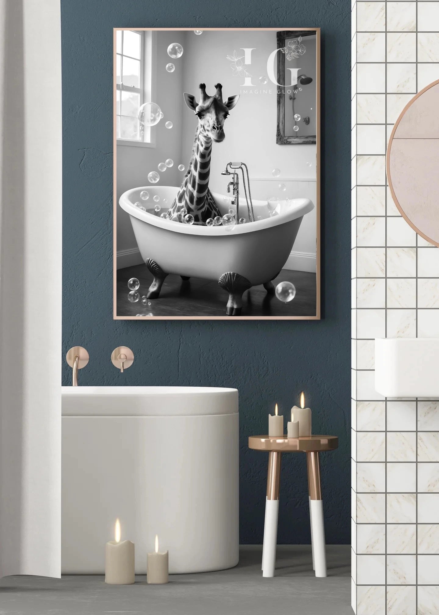 funny giraffe bathing in bathroom with bubbles - decor demo