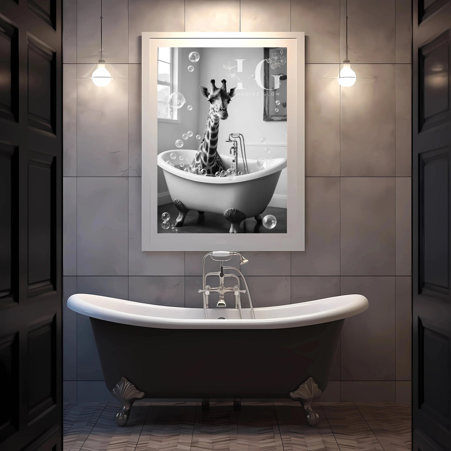 funny giraffe bathing in bathroom with bubbles - decor demo 2