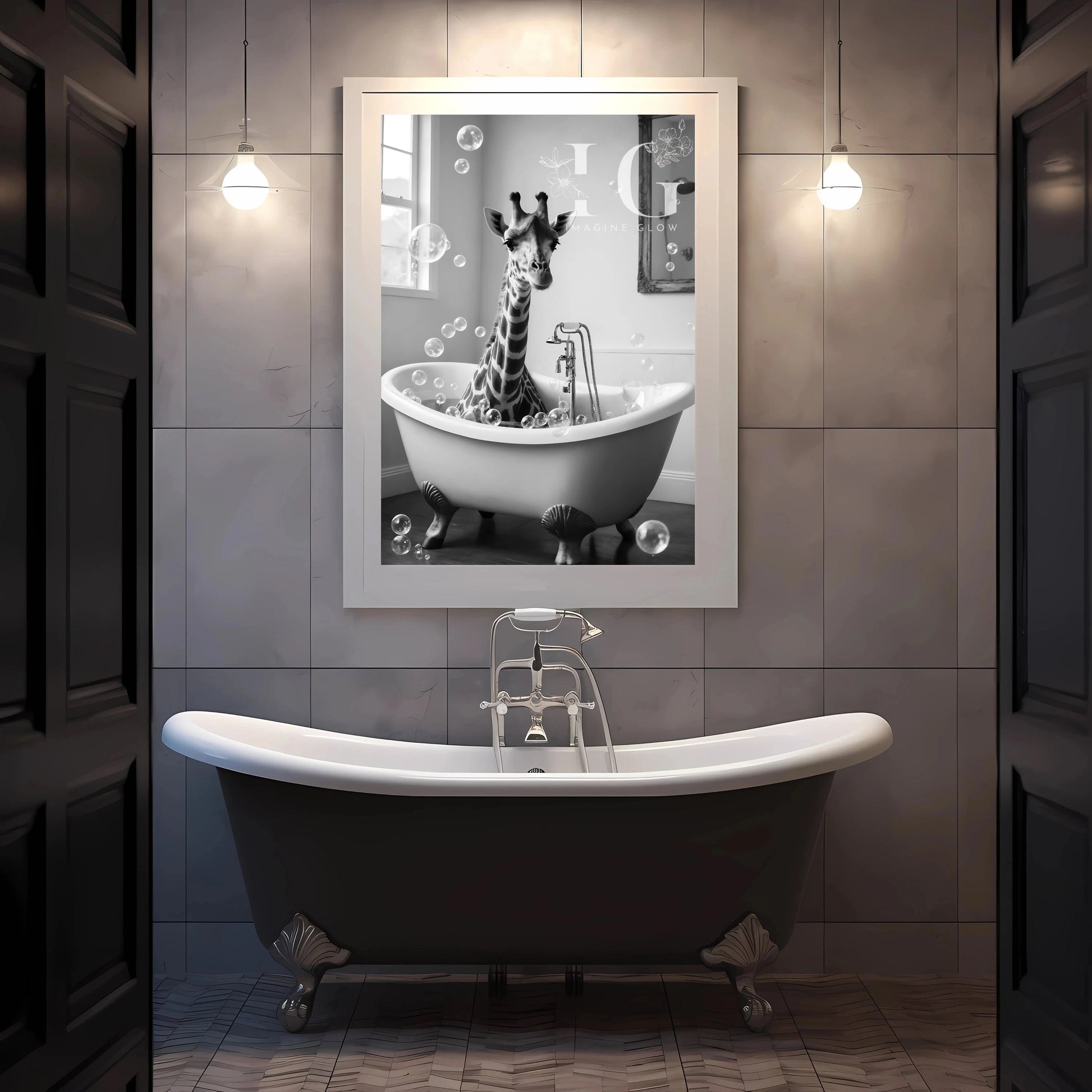 funny giraffe bathing in bathroom with bubbles - decor demo 2