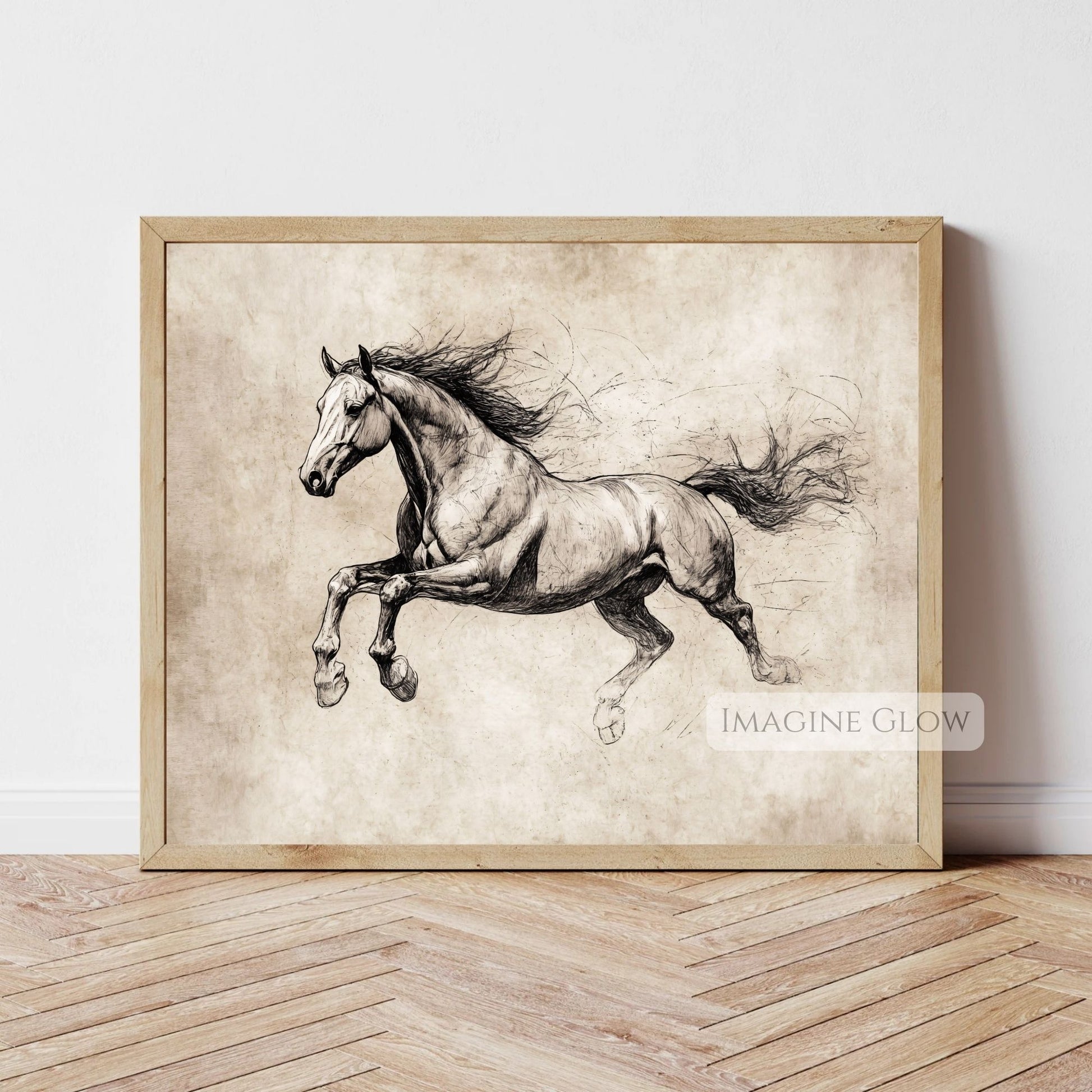 Vintage running horse sketch art print decor.