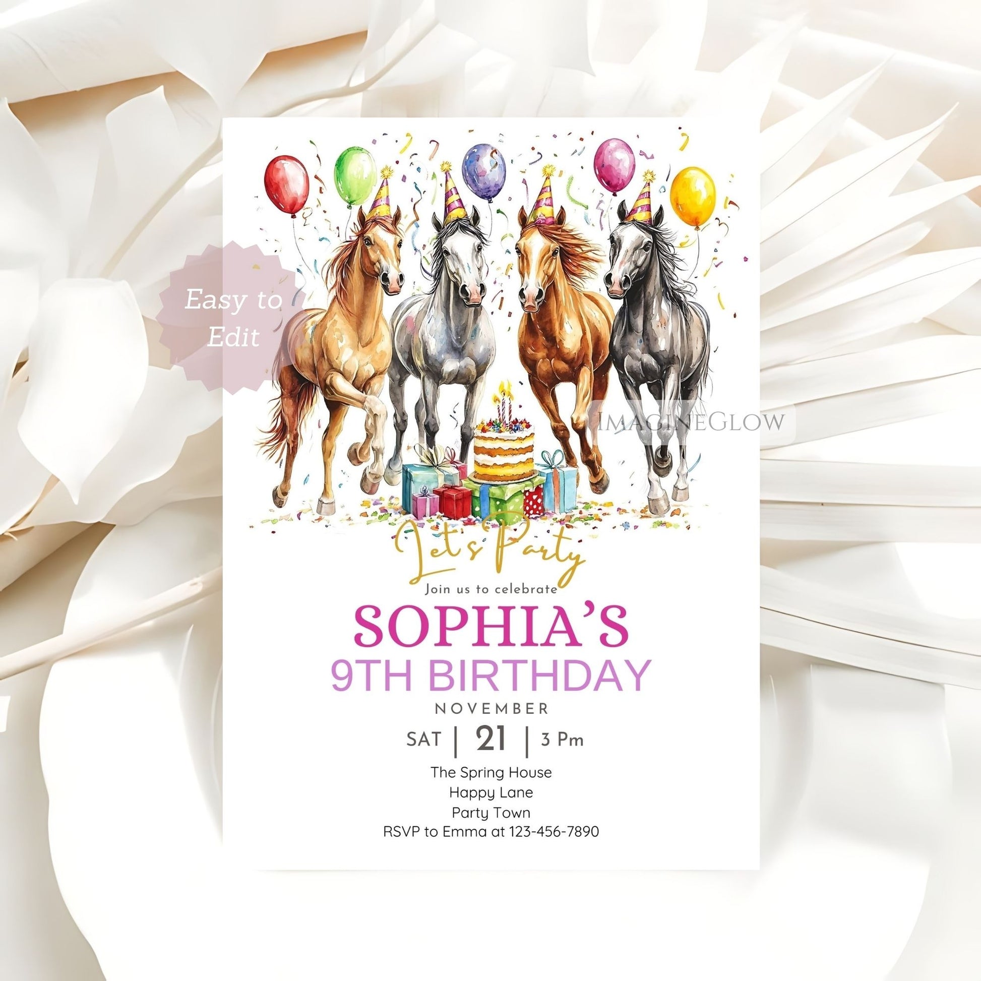 Editable horse-themed party invite with cake and balloons