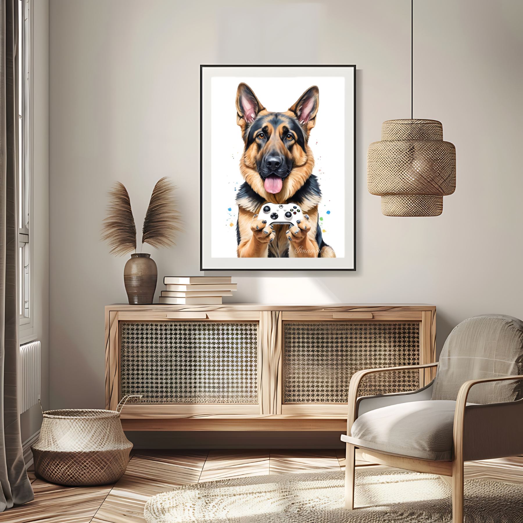 Funny German Shepherd gamer wall decor digital print.