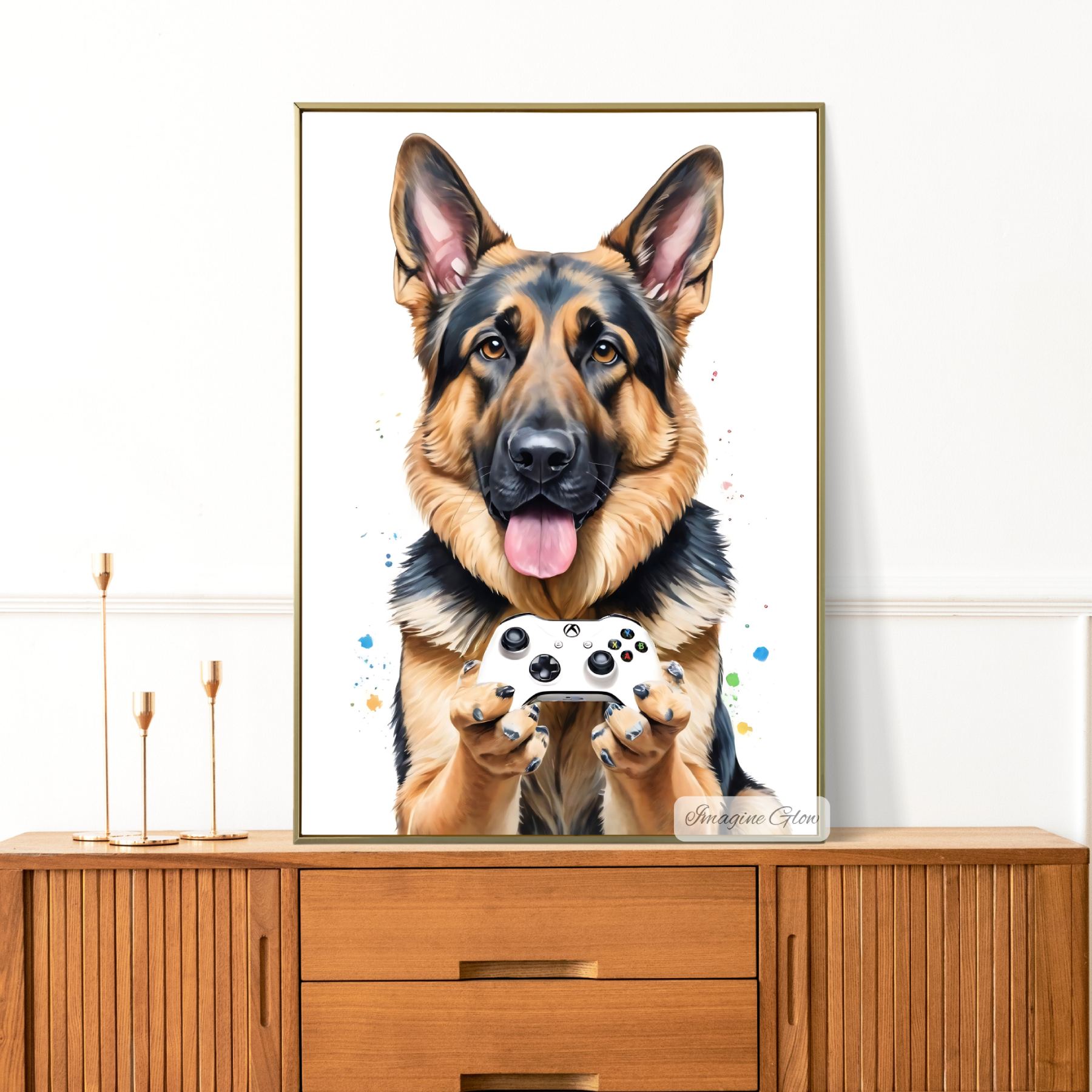 German Shepherd holding a gaming controller wall art for gamer room.