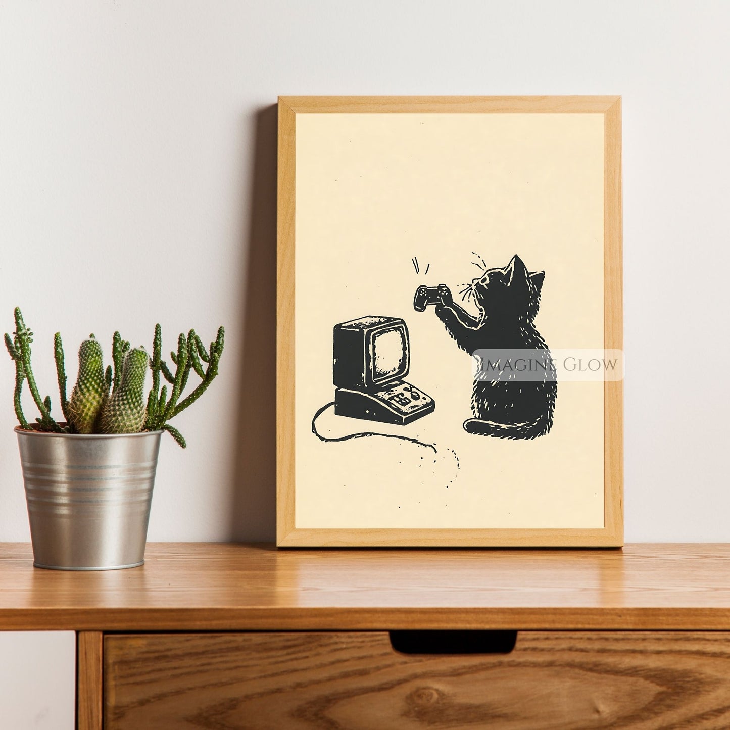 90s gaming room black cat art print