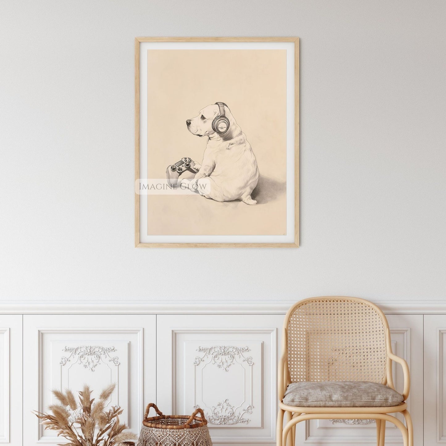 Gaming room decor featuring a funny dog
