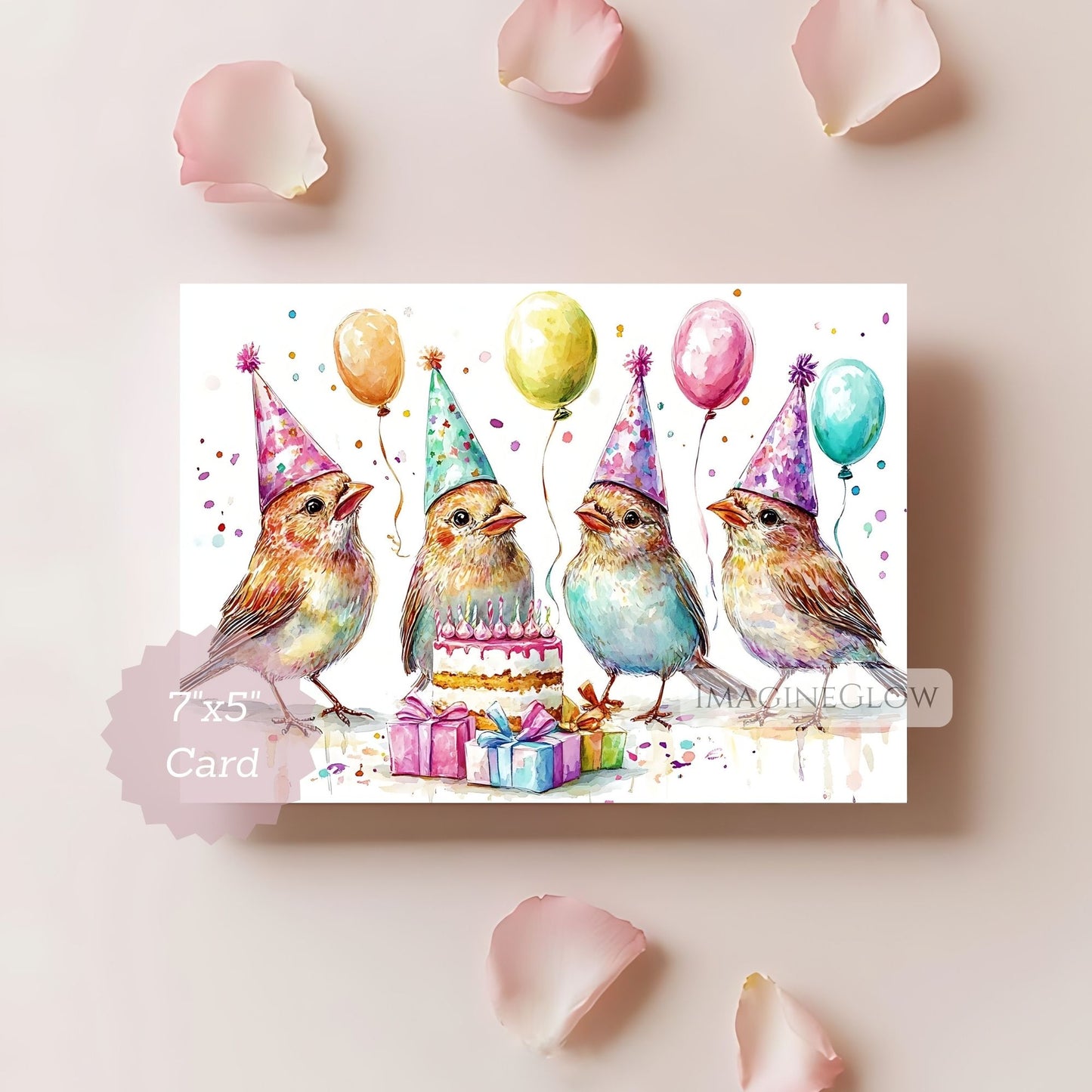 Card with four birds wearing party hats and balloons on a light background