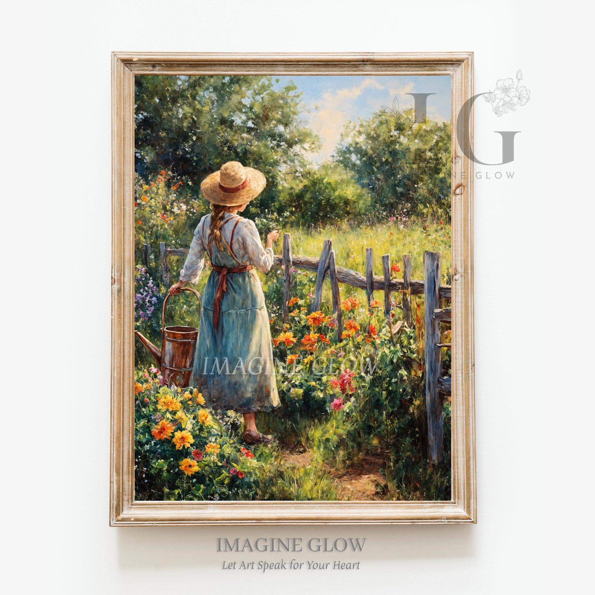 Garden Girl Floral Painting with Colorful Flowers in Bloom
Woman in Garden Surrounded by Bright Colorful Flowers