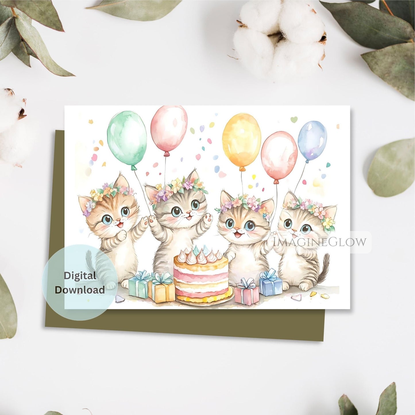 Printable cat card for birthday with blossoms
Stylish floral cat birthday greeting