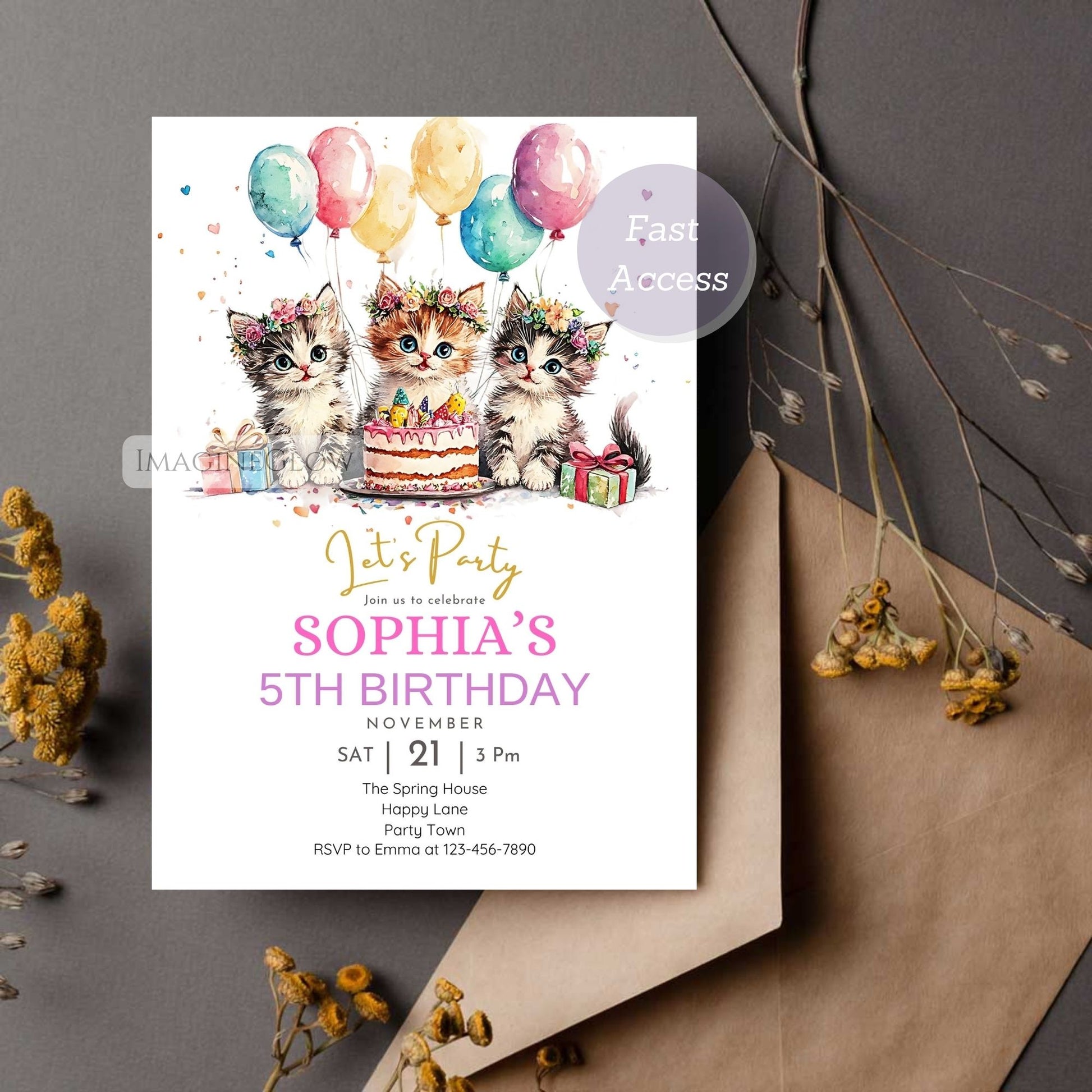Printable floral kitten birthday invite
Whimsical floral cat birthday party invitation