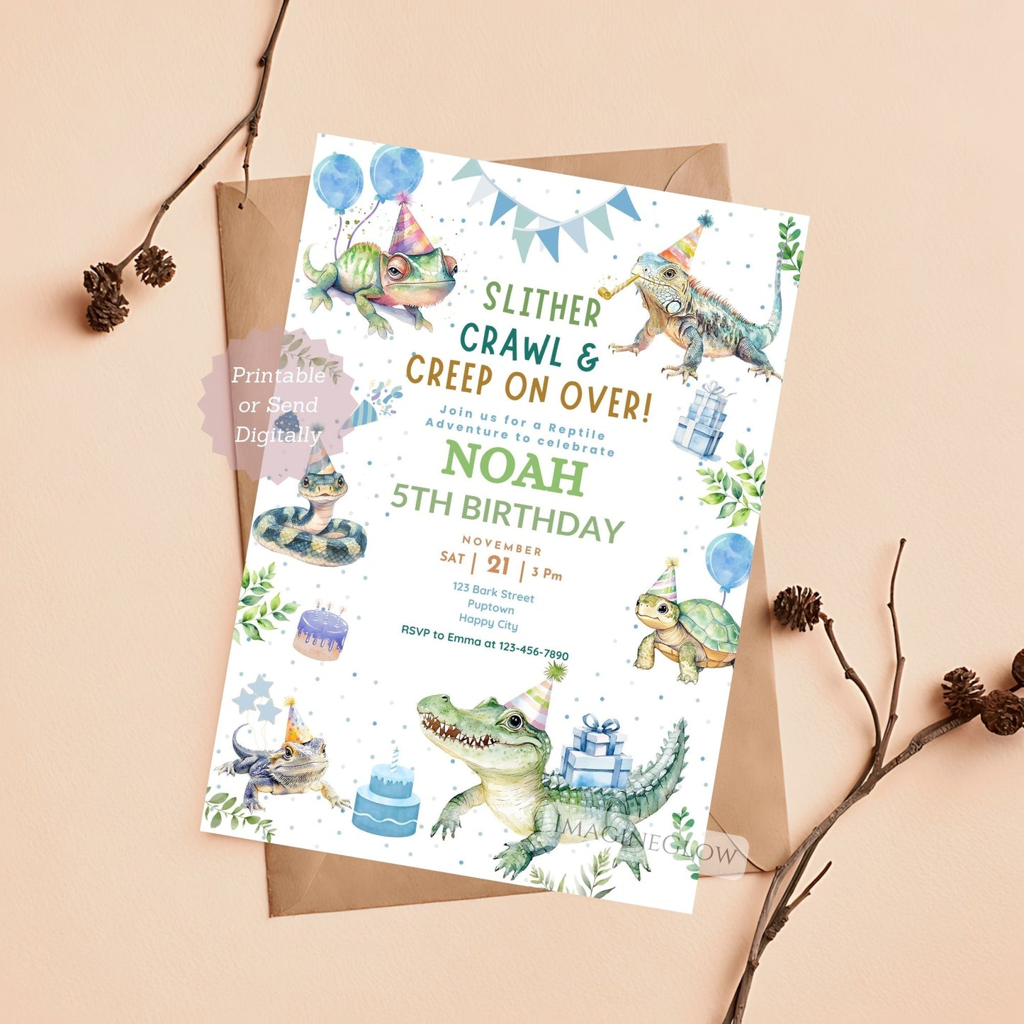 Colorful reptiles birthday invitation with jungle theme.