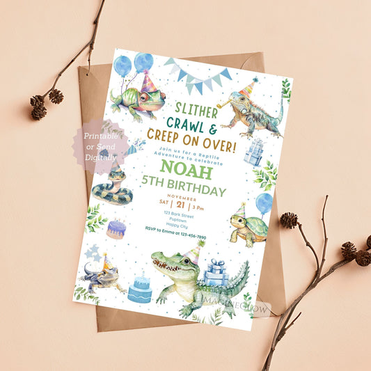 Colorful reptiles birthday invitation with jungle theme.