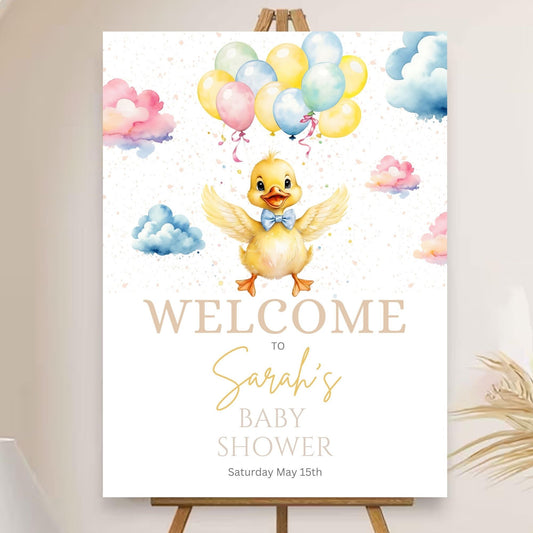 Printable baby shower decor featuring a cute duck and balloons.
