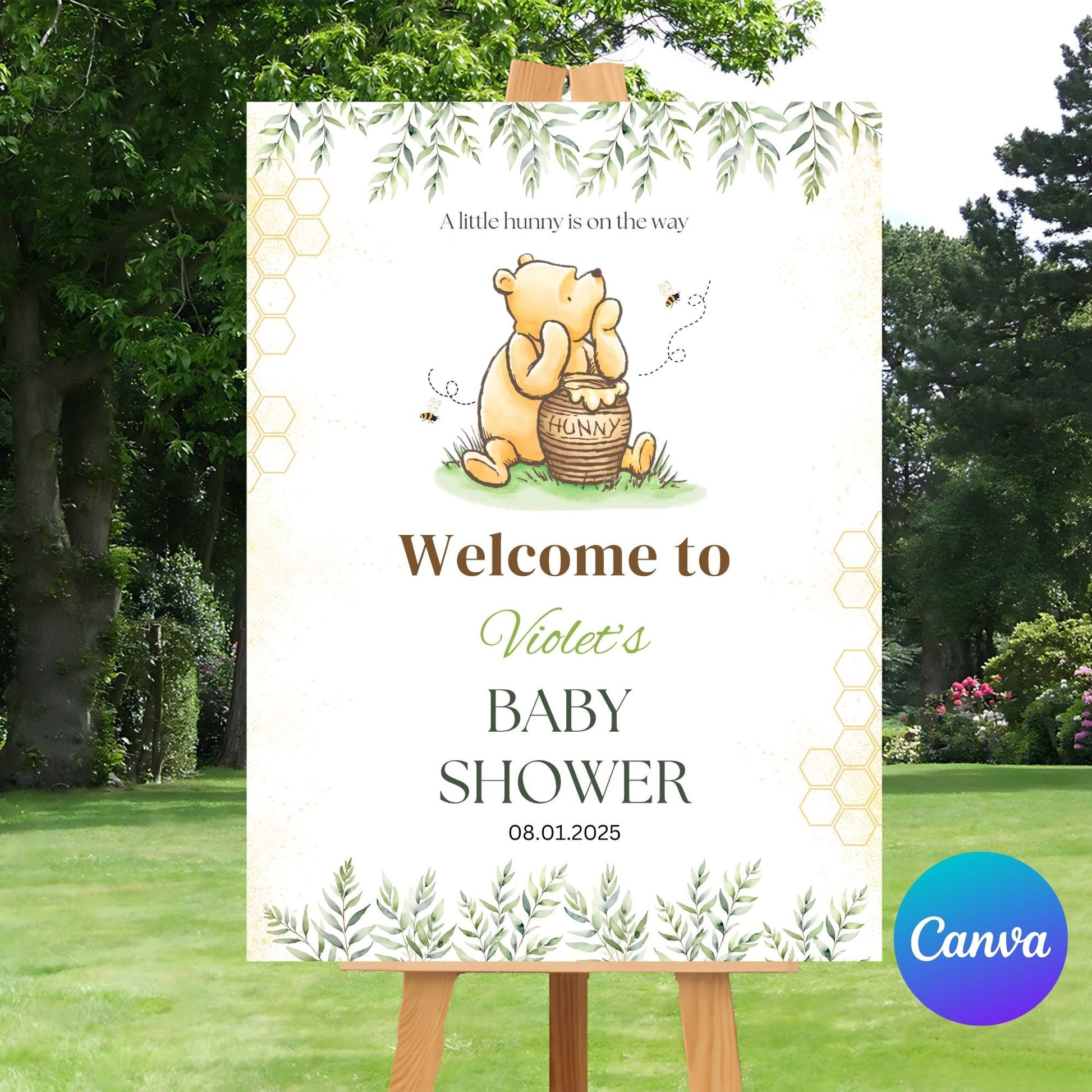 Gender-neutral baby shower welcome sign with Winnie the Pooh design.