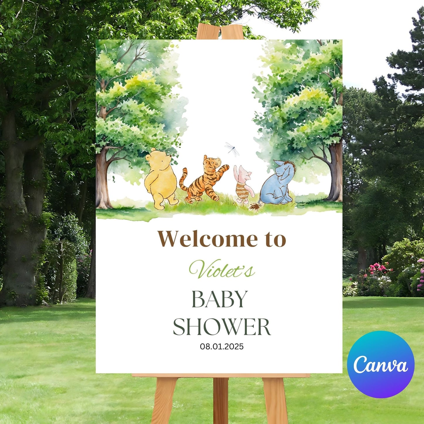 Forest-inspired baby shower poster with bear friends