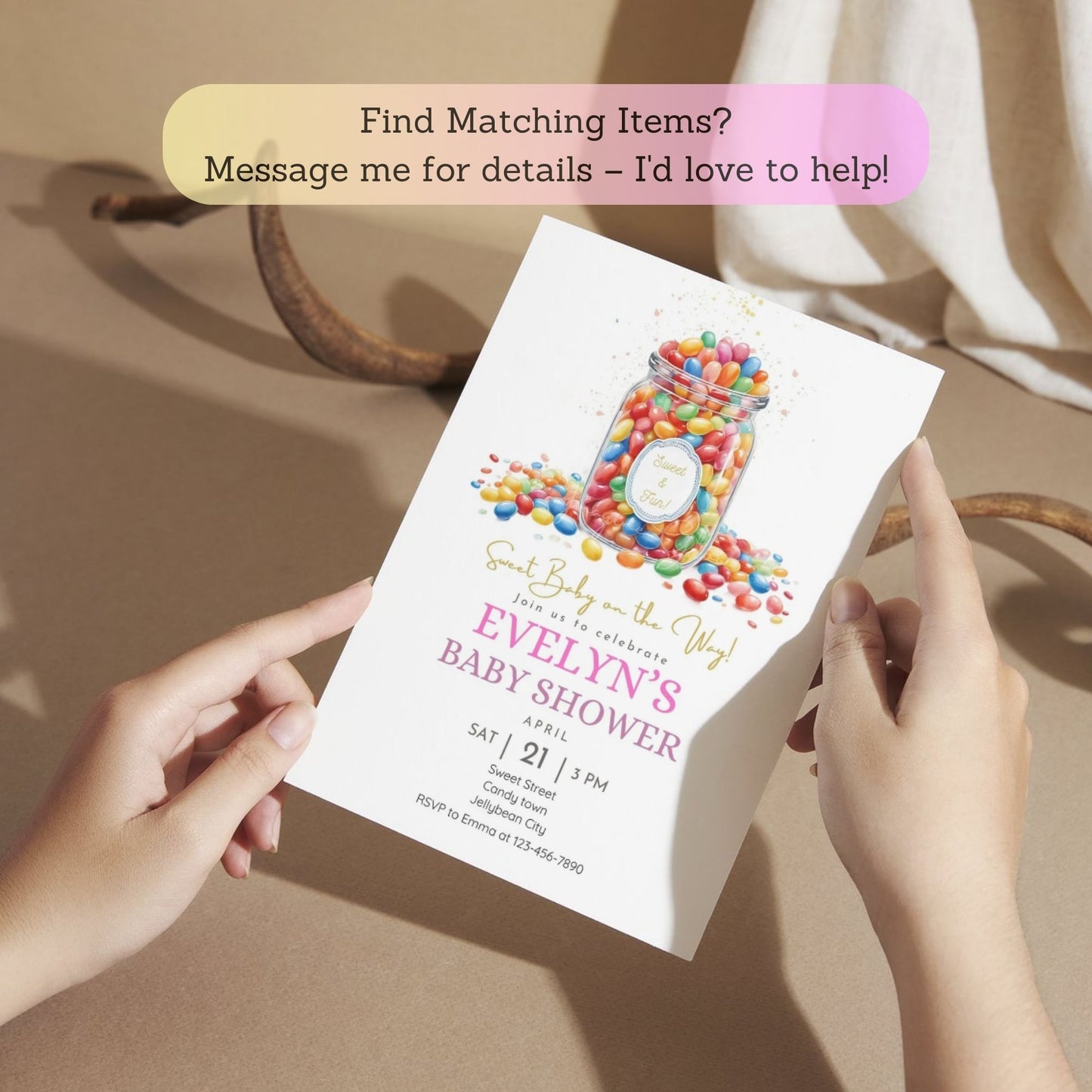Whimsical baby shower invitation with jellybean details.
Vibrant jellybean theme for baby shower celebration invite.