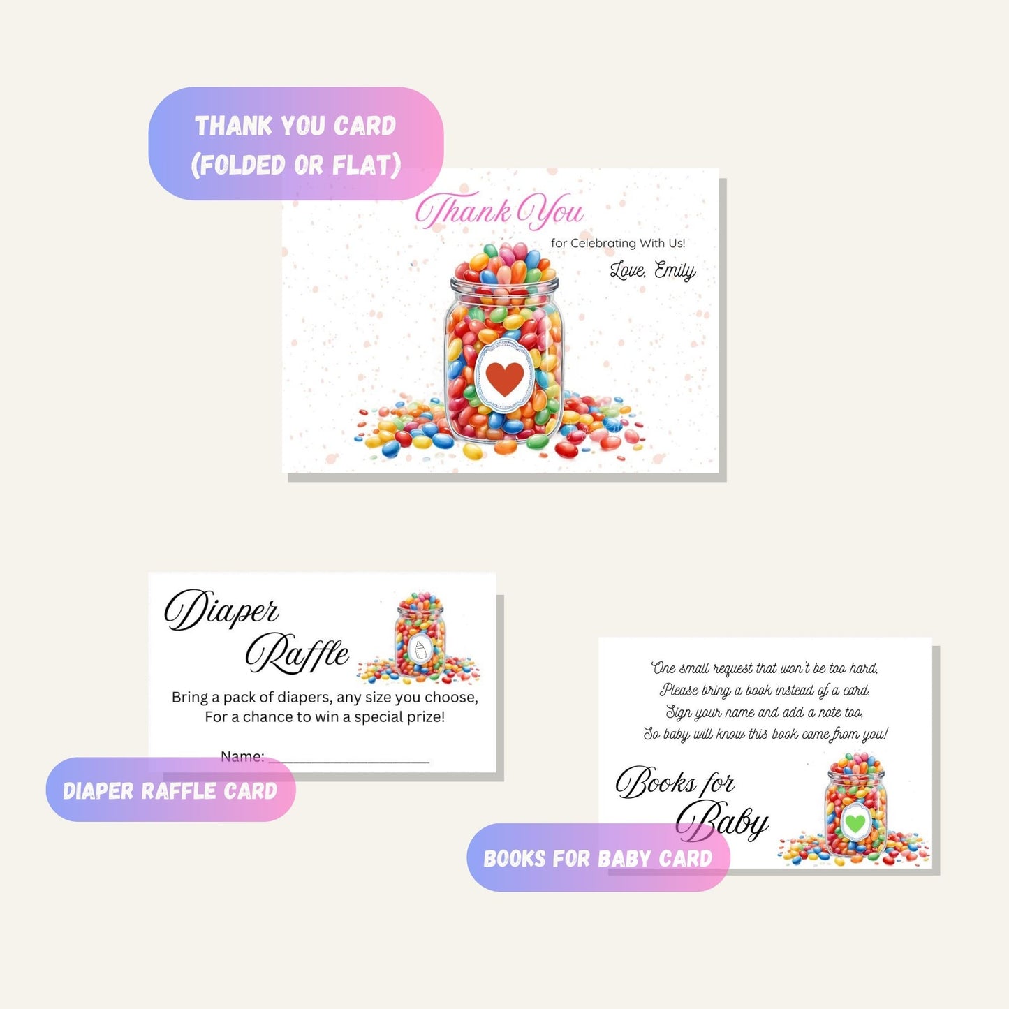 Colorful and sweet jellybean baby shower invitation design.