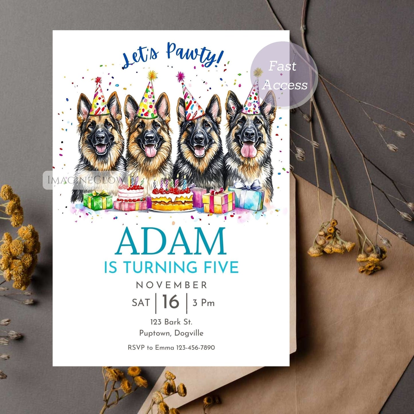 German Shepherd Dog Birthday Invitation Template - Editable Dog Party Invite - Printable Canva Design