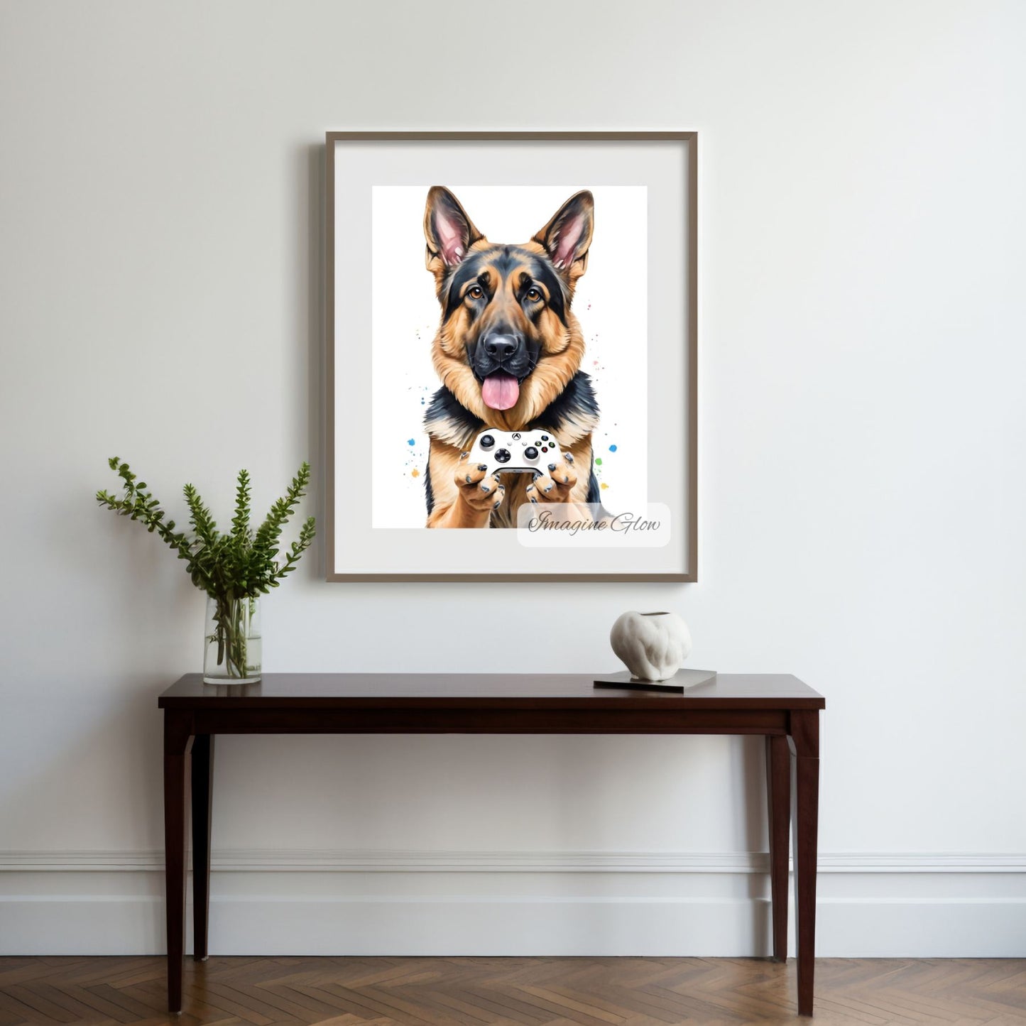Funny gaming dog wall art featuring a German Shepherd with a controller.