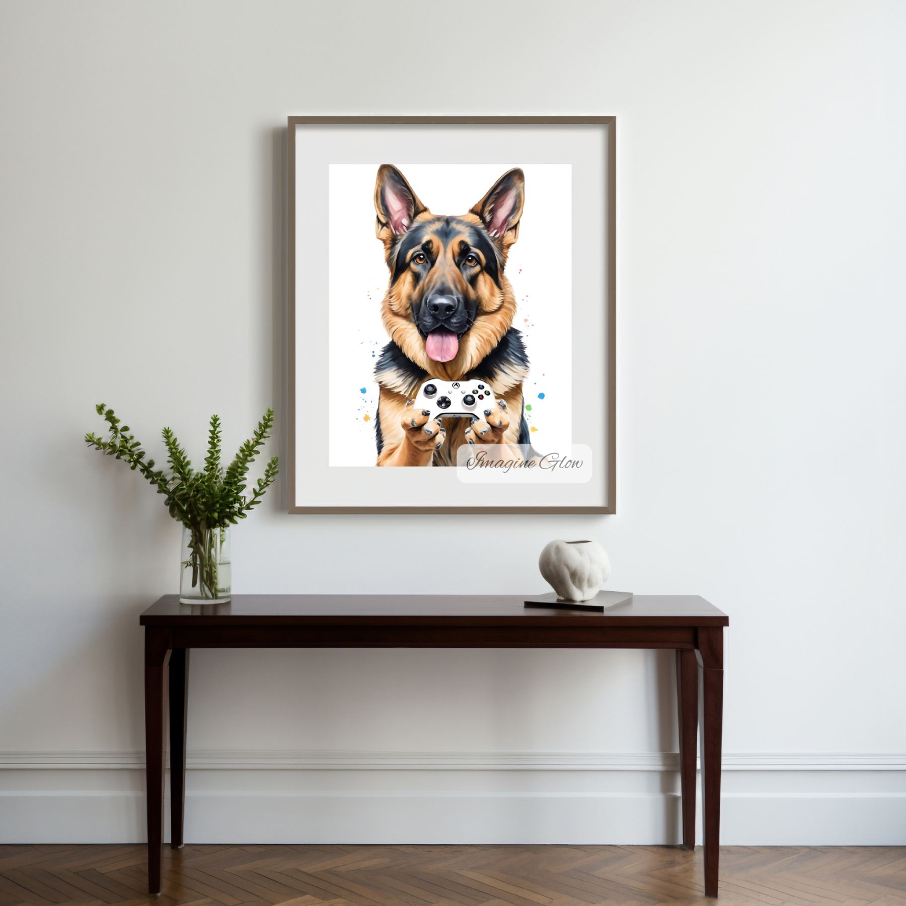Funny gaming dog wall art featuring a German Shepherd with a controller.