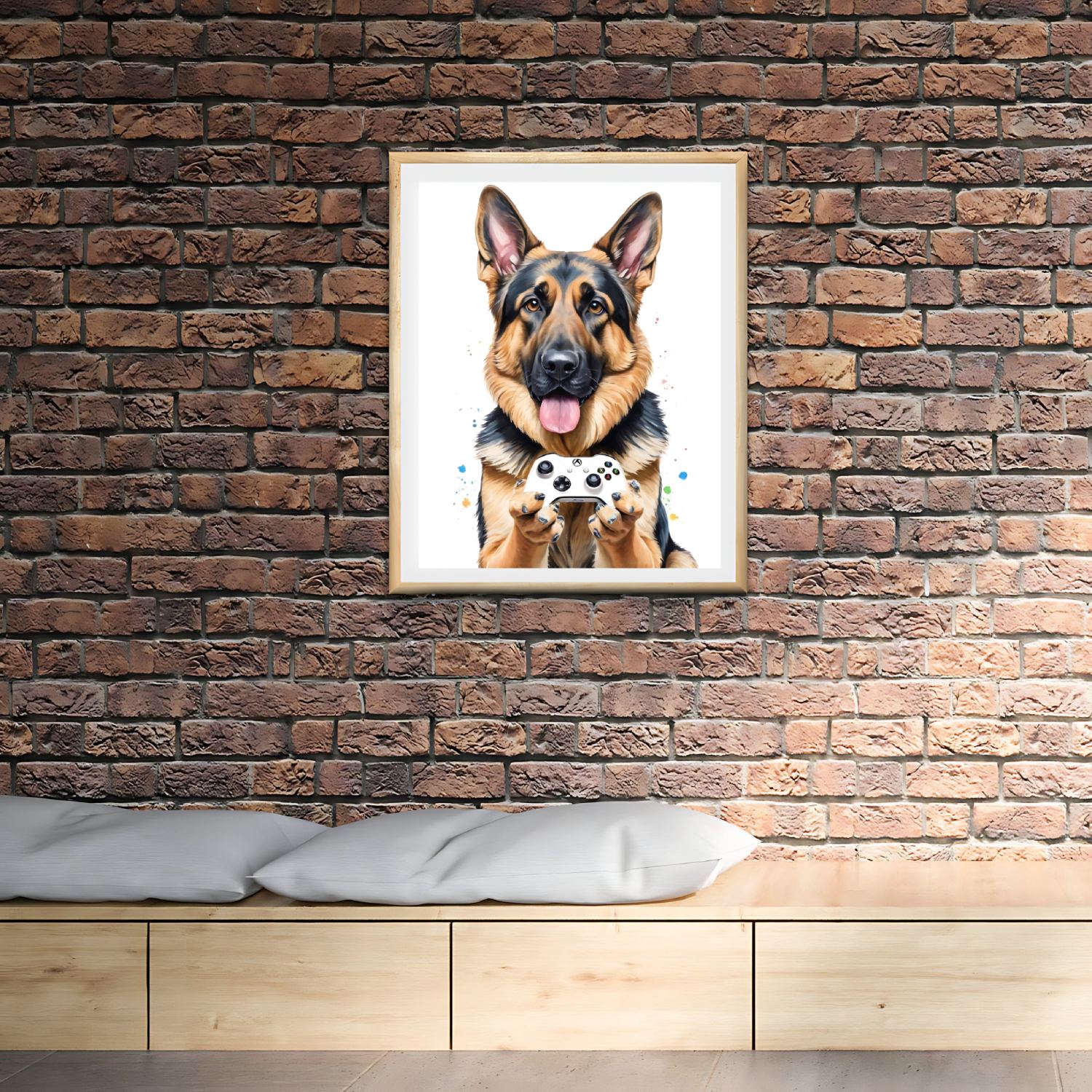 Playful German Shepherd gaming decor for unique home design.