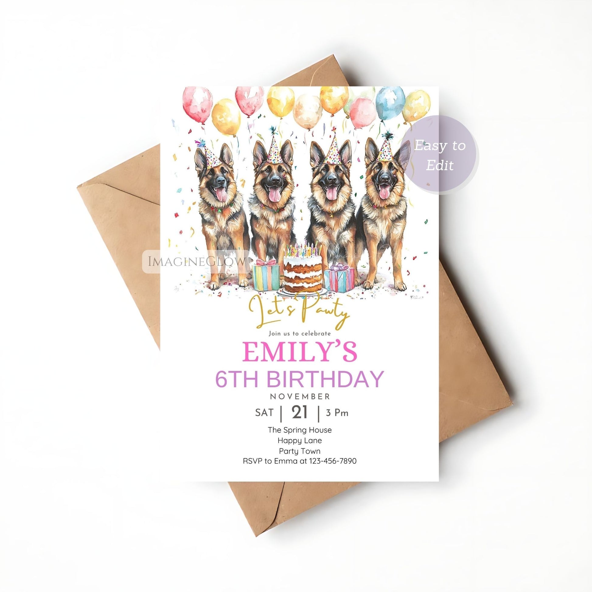 Editable German Shepherd birthday invite with four dogs