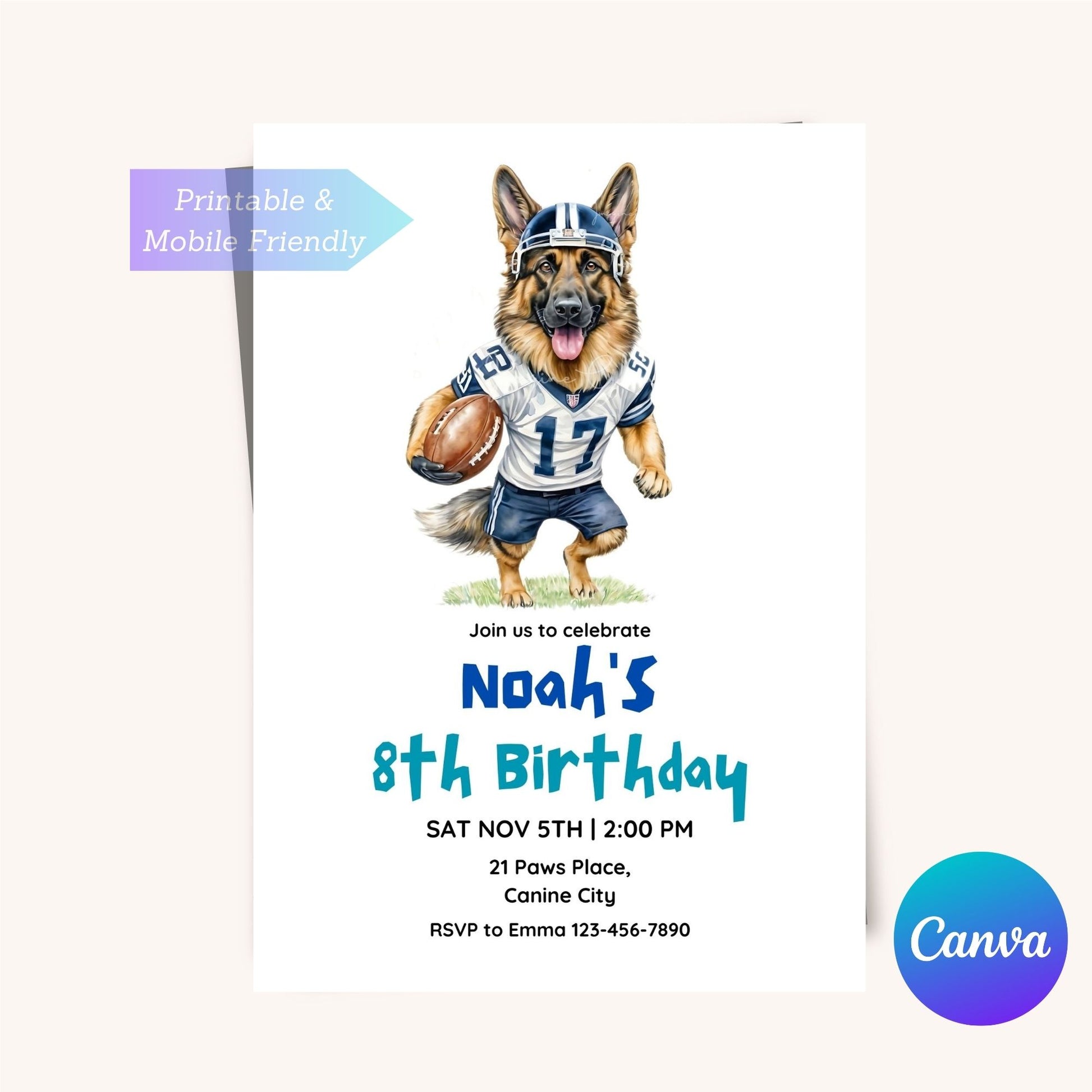 Fun sports birthday invitation with a German Shepherd puppy.
