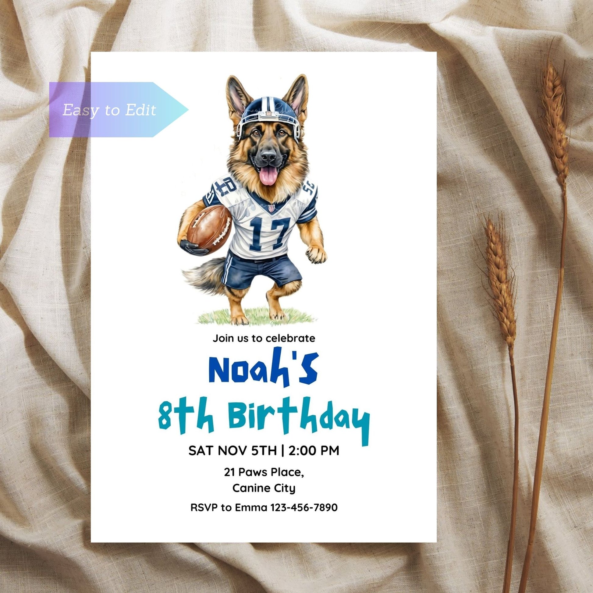 Football birthday invitation featuring a German Shepherd Dog.