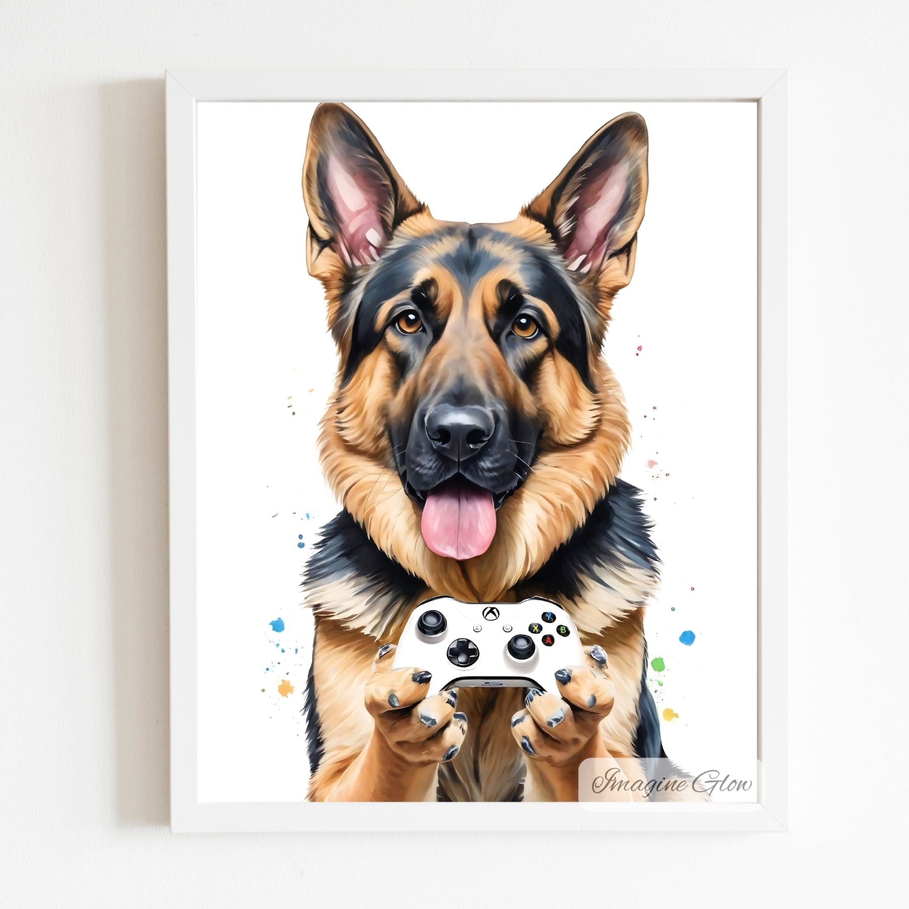 Artistic German Shepherd holding a controller for gaming enthusiasts.