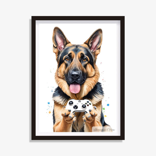 German Shepherd wall art perfect for gamer and pet lovers.