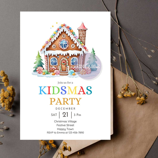 Kidsmas party invitation featuring a whimsical gingerbread house theme.