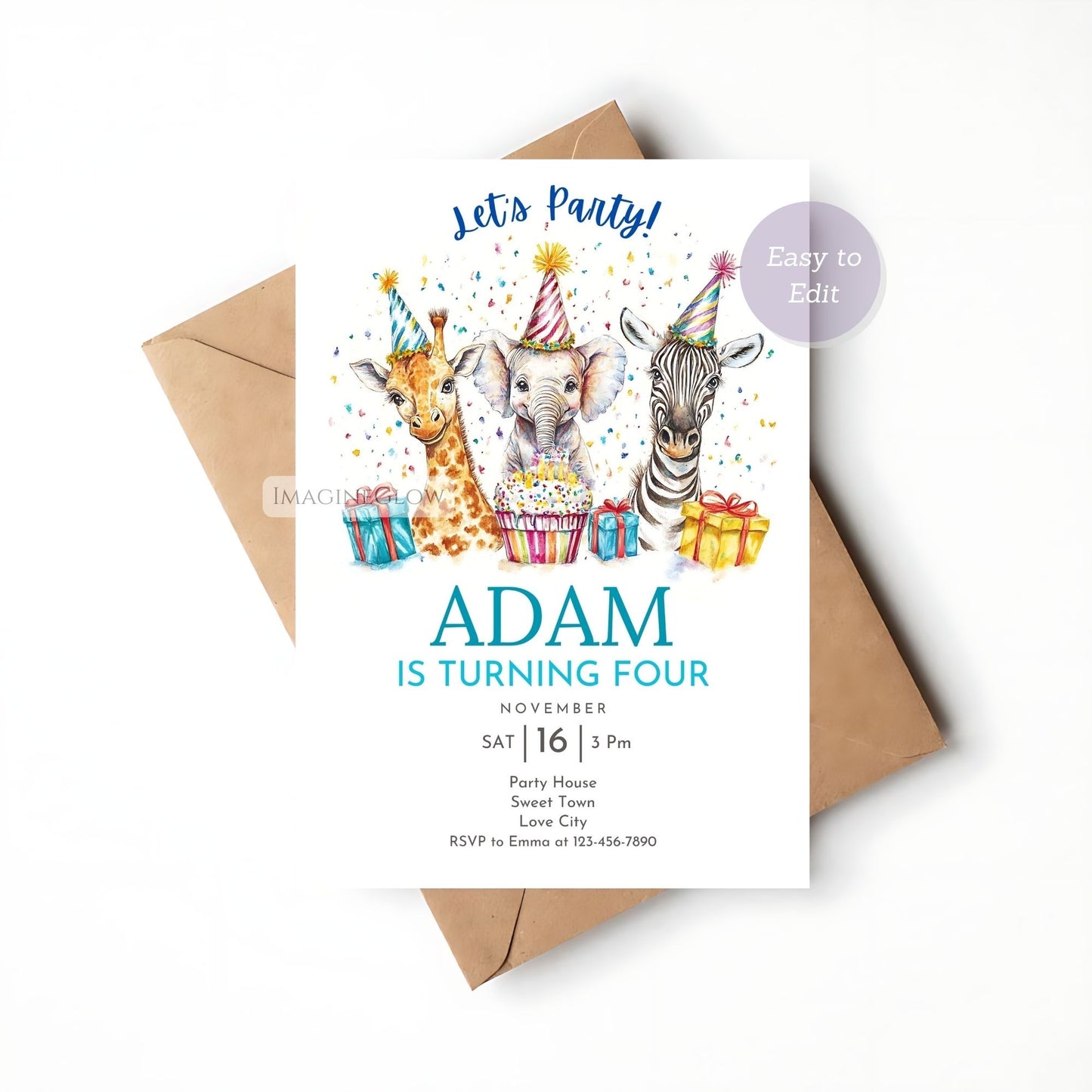 Safari Theme Party Invitation - Giraffe, Elephant, Zebra