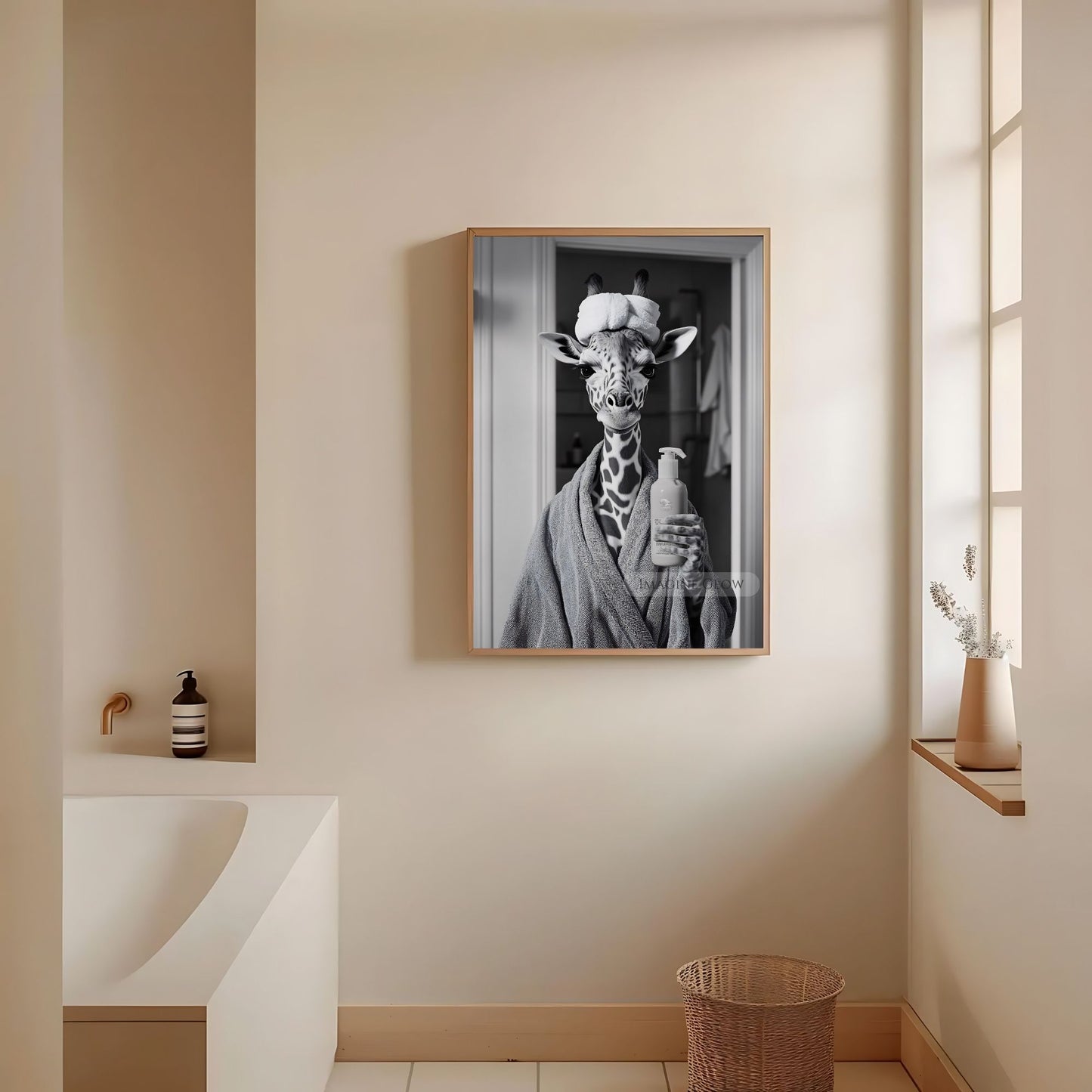 Animal-themed giraffe bathroom art print